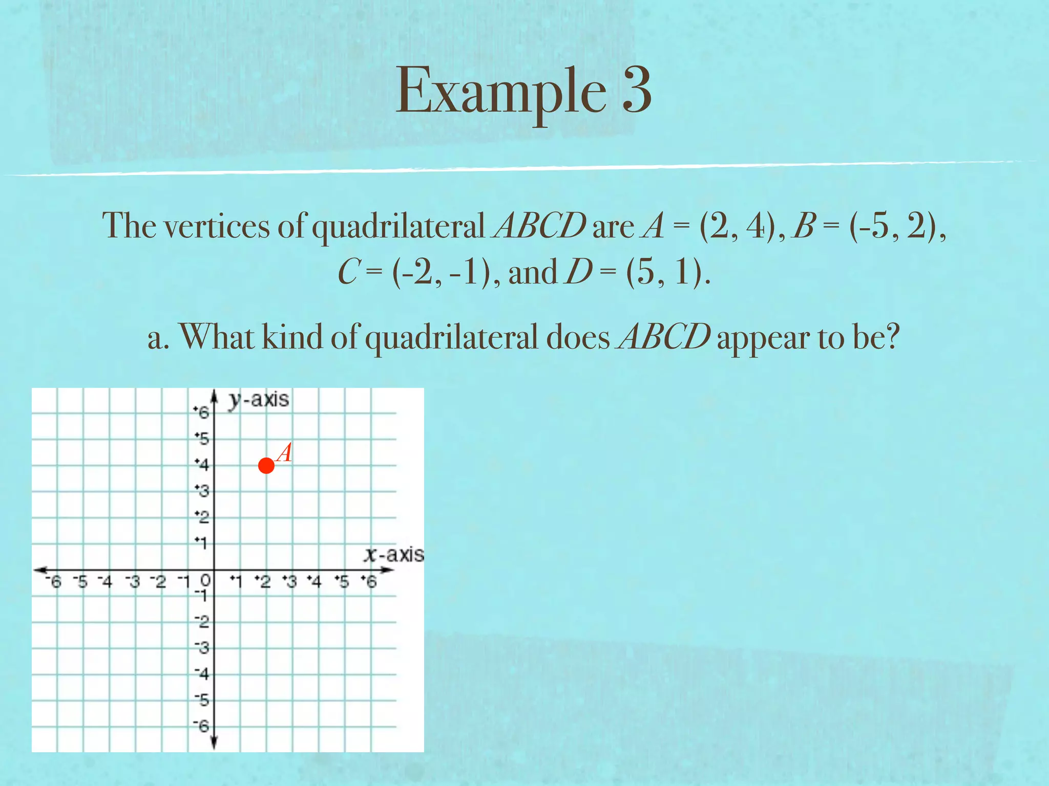 Example 3
The vertices of quadrilateral ABCD are A = (2, 4), B = (-5, 2),
                 C = (-2, -1), and D = (5, 1).
   a. What kind of quadrilateral does ABCD appear to be?


            A
 