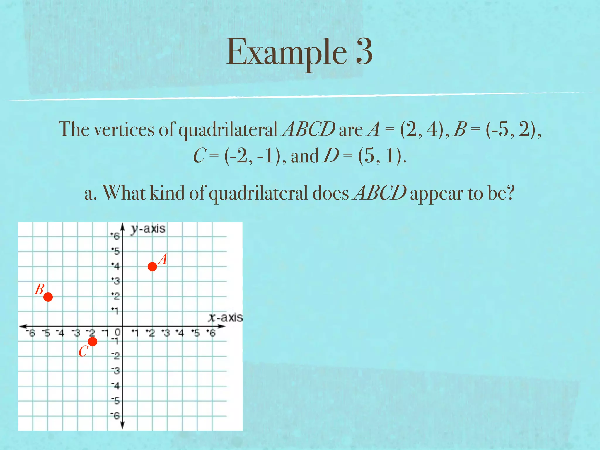 Example 3
    The vertices of quadrilateral ABCD are A = (2, 4), B = (-5, 2),
                     C = (-2, -1), and D = (5, 1).
       a. What kind of quadrilateral does ABCD appear to be?


                A
B



      C
 