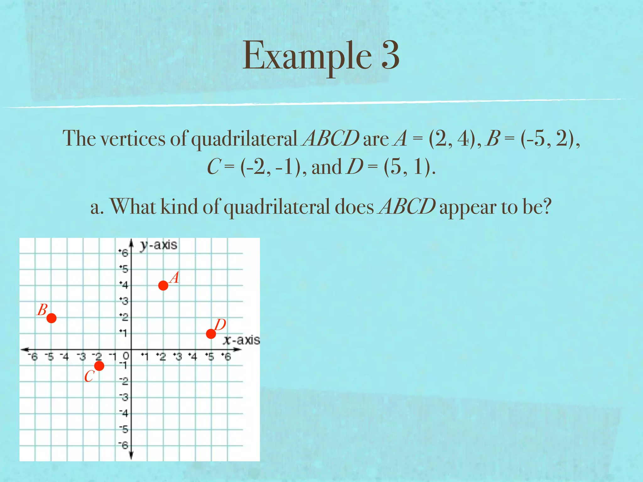 Example 3
    The vertices of quadrilateral ABCD are A = (2, 4), B = (-5, 2),
                     C = (-2, -1), and D = (5, 1).
       a. What kind of quadrilateral does ABCD appear to be?


                A
B
                      D


      C
 