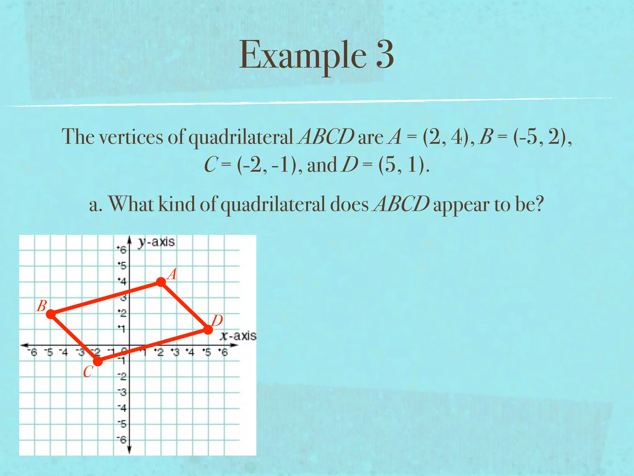 Example 3
    The vertices of quadrilateral ABCD are A = (2, 4), B = (-5, 2),
                     C = (-2, -1), and D = (5, 1).
       a. What kind of quadrilateral does ABCD appear to be?


                A
B
                      D


      C
 