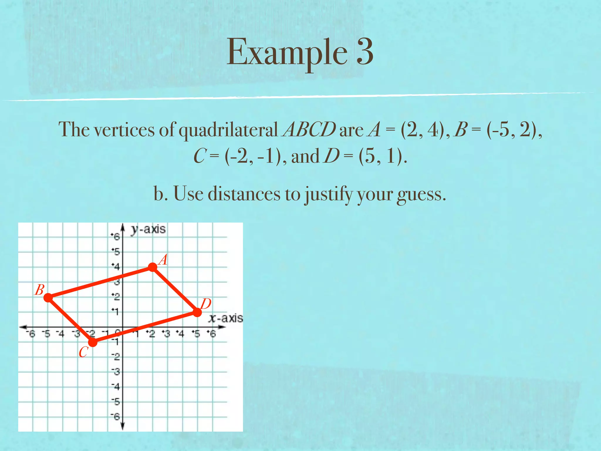 Example 3
    The vertices of quadrilateral ABCD are A = (2, 4), B = (-5, 2),
                     C = (-2, -1), and D = (5, 1).
                b. Use distances to justify your guess.


                A
B
                      D


      C
 