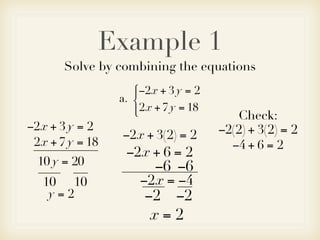 Example 1
       Solve by combining the equations
                    −2x + 3 y = 2
                    
                 a. 
                     2x + 7 y = 18
                                        Check:
−2x + 3 y = 2                         −2(2) + 3(2) = 2
                 −2x + 3(2) = 2
 2x + 7 y = 18                          −4 + 6 = 2
                  −2x + 6 = 2
  10 y = 20             −6 −6
   10 10             −2x = −4
    y=2               −2 −2
                       x=2
 