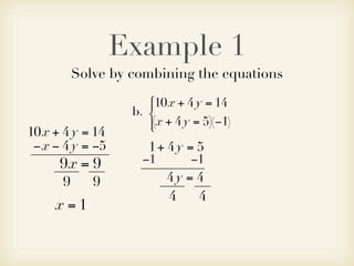 Example 1
          Solve by combining the equations
                      10x + 4 y = 14
                      
                   b. 
                       x + 4 y = 5)(−1)
                      (
10x + 4 y = 14
 − x − 4 y = −5       1+ 4 y = 5
      9x = 9         −1        −1
      9      9            4y = 4
                          4    4
     x=1
 
