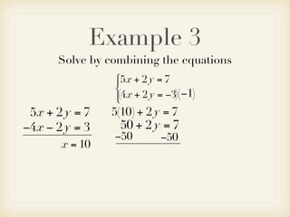 Example 3
      Solve by combining the equations
                5x + 2 y = 7
                
                
                4x + 2 y = −3)(−1)
                (
 5x + 2 y = 7   5(10) + 2 y = 7
−4x − 2 y = 3     50 + 2 y = 7
                −50        −50
       x = 10
 