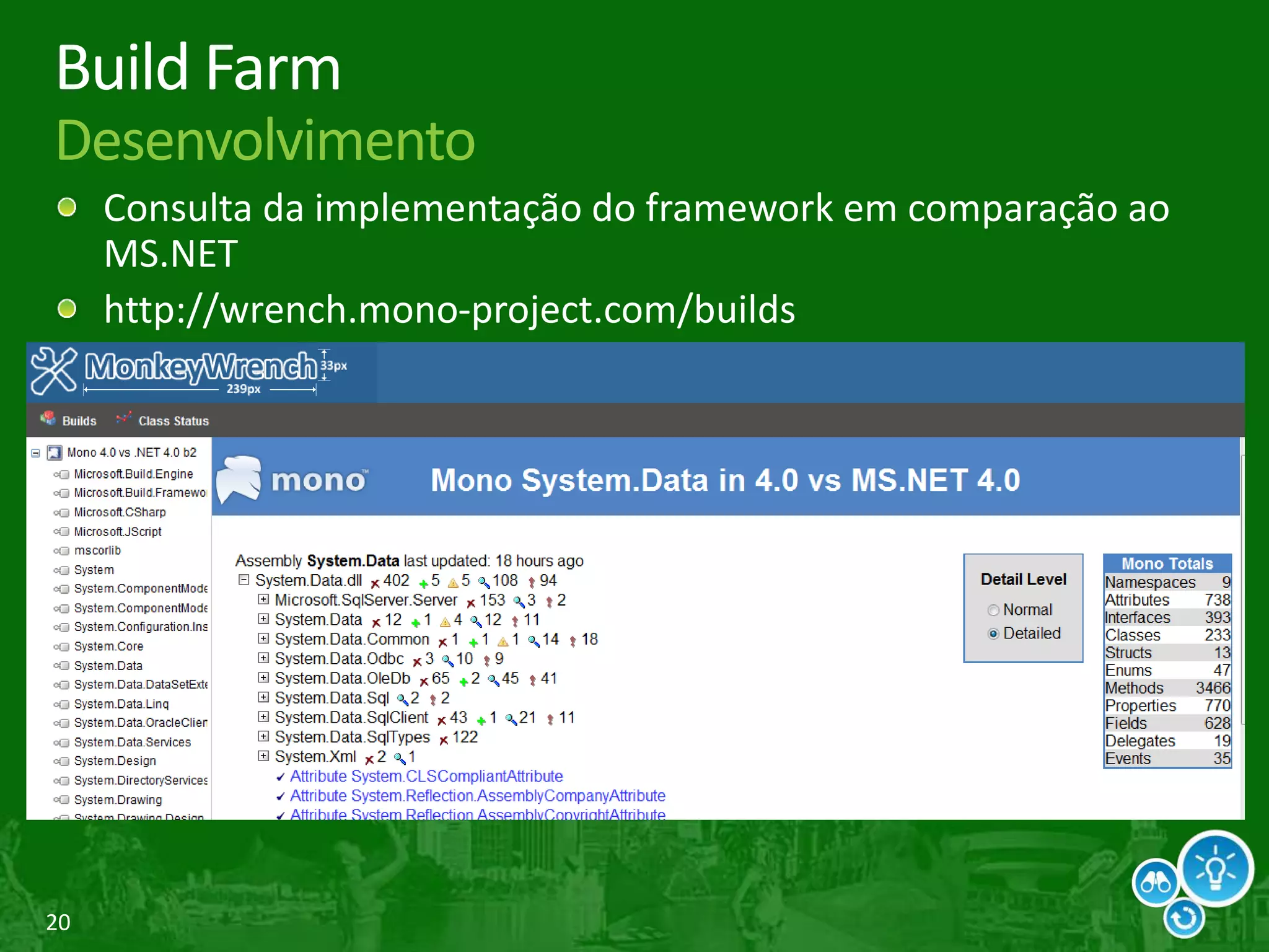 20
Build Farm
Desenvolvimento
Consulta da implementação do framework em comparação ao
MS.NET
http://wrench.mono-project.com/builds
 