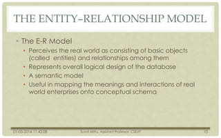 THE ENTITY–RELATIONSHIP MODEL
• The E-R Model
• Perceives the real world as consisting of basic objects
(called entities) and relationships among them
• Represents overall logical design of the database
• A semantic model
• Useful in mapping the meanings and interactions of real
world enterprises onto conceptual schema

01-03-2014 11:42:08

Sumit Mittu, Assistant Professor, CSE/IT

10

 