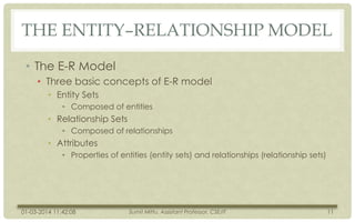 THE ENTITY–RELATIONSHIP MODEL
• The E-R Model
• Three basic concepts of E-R model
• Entity Sets
• Composed of entities

• Relationship Sets
• Composed of relationships

• Attributes
• Properties of entities (entity sets) and relationships (relationship sets)

01-03-2014 11:42:08

Sumit Mittu, Assistant Professor, CSE/IT

11

 