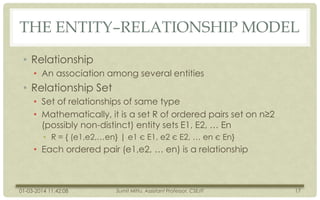 THE ENTITY–RELATIONSHIP MODEL
• Relationship
• An association among several entities

• Relationship Set
• Set of relationships of same type
• Mathematically, it is a set R of ordered pairs set on n≥2
(possibly non-distinct) entity sets E1, E2, … En
• R = { (e1,e2,…en} | e1 є E1, e2 є E2, … en є En}

• Each ordered pair (e1,e2, … en) is a relationship

01-03-2014 11:42:08

Sumit Mittu, Assistant Professor, CSE/IT

17

 