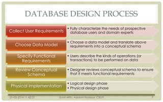 DATABASE DESIGN PROCESS
• Design Phases
Collect User Requirements

• Fully characterize the needs of prospective
database users and domain experts

Choose Data Model

• Choose a data model and translate above
requirements into a conceptual schema

Specify Functional
Requirements

• Users describe the kinds of operations (or
transactions) to be performed on data

Review Conceptual
Schema

• Designer reviews conceptual schema to ensure
that it meets functional requirements

Physical Implementation
01-03-2014 11:42:07

• Logical design phase
• Physical design phase

Sumit Mittu, Assistant Professor, CSE/IT

7

 
