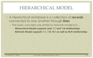 HIERARCHICAL MODEL
• A hierarchical database is a collection of records
connected to one another through links
• The basic concepts are similar to network model but…
• Hierarchical Model supports only 1:1 and 1:N relationships
• Network Model supports 1:1, 1:N, N:1 as well as M:N relationships

01-03-2014 11:29:41

Sumit Mittu, Assistant Professor, CSE/IT

18

 