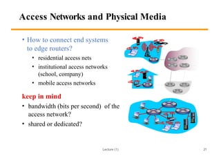 Lecture (1)
Access Networks and Physical Media
• How to connect end systems
to edge routers?
• residential access nets
• institutional access networks
(school, company)
• mobile access networks
keep in mind
• bandwidth (bits per second) of the
access network?
• shared or dedicated?
21
 