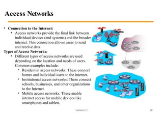 Lecture (1)
Access Networks
• Connection to the Internet:
• Access networks provide the final link between
individual devices (end systems) and the broader
internet. This connection allows users to send
and receive data.
Types of Access Networks:
• Different types of access networks are used
depending on the location and needs of users.
Common examples include:
• Residential access networks: These connect
homes and individual users to the internet.
• Institutional access networks: These connect
schools, businesses, and other organizations
to the Internet.
• Mobile access networks: These enable
internet access for mobile devices like
smartphones and tablets.
22
 