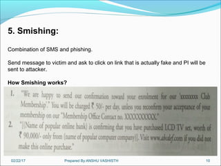 02/22/17 Prepared By:ANSHU VASHISTH 10
5. Smishing:
Combination of SMS and phishing.
Send message to victim and ask to click on link that is actually fake and PI will be
sent to attacker.
How Smishing works?
 