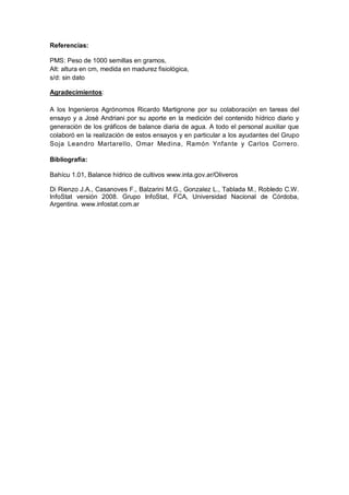 Referencias:
PMS: Peso de 1000 semillas en gramos,
Alt: altura en cm, medida en madurez fisiológica,
s/d: sin dato
Agradecimientos:
A los Ingenieros Agrónomos Ricardo Martignone por su colaboración en tareas del
ensayo y a José Andriani por su aporte en la medición del contenido hídrico diario y
generación de los gráficos de balance diaria de agua. A todo el personal auxiliar que
colaboró en la realización de estos ensayos y en particular a los ayudantes del Grupo
Soja Leandro Martarello, Omar Medina, Ramón Ynfante y Carlos Correro.
Bibliografía:
Bahícu 1.01, Balance hídrico de cultivos www.inta.gov.ar/Oliveros
Di Rienzo J.A., Casanoves F., Balzarini M.G., Gonzalez L., Tablada M., Robledo C.W.
InfoStat versión 2008. Grupo InfoStat, FCA, Universidad Nacional de Córdoba,
Argentina. www.infostat.com.ar
 
