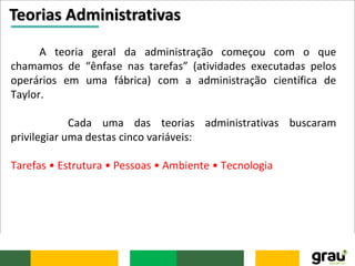 A teoria geral da administração começou com o que
chamamos de “ênfase nas tarefas” (atividades executadas pelos
operários em uma fábrica) com a administração científica de
Taylor.
Cada uma das teorias administrativas buscaram
privilegiar uma destas cinco variáveis:
Tarefas • Estrutura • Pessoas • Ambiente • Tecnologia
Teorias Administrativas
 