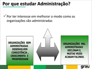 Por que estudar Administração?
Por ter interesse em melhorar o modo como as
organizações são administradas
 