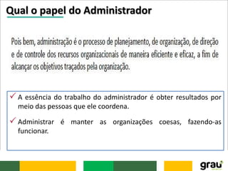 Qual o papel do Administrador
 A essência do trabalho do administrador é obter resultados por
meio das pessoas que ele coordena.
 Administrar é manter as organizações coesas, fazendo-as
funcionar.
 