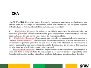 •HABILIDADES: É o saber fazer. É quando colocamos todo nosso conhecimento em
prática para realizar algo. As habilidades podem ser dividas em três categoria segundo
Robert I. Katz (1955), habilidade técnica, humana e conceitual.
1. Habilidades Técnicas: Se refere a habilidade especifica do administrador na
atividade que exerce. O administrador sabe quais ferramentas, conhecimentos e técnicas
para realização de uma tarefa ou do campo da sua especialidade.
2. Habilidades Humanas: Compreende em entender as necessidades das pessoas e
também se autoconhecer. O administrador deve compreender as atitudes, necessidades e
interesses das pessoas que lidera ou que estão a sua volta e também se autoconhecer e
saber e administrar seu comportamento diante de momentos de pressão e dificuldades,
ou seja, deve ter relação interpessoal e intrapessoal.
3. Habilidades Conceituais: Envolve a capacidade do administrador de compreender e
lidar com toda a complexidade da organização e ter discernimento e capacidade para
formular estratégias, avaliar situações e analisar dados para uma tomada de decisão.
CHA
 