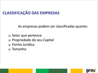As empresas podem ser classificadas quanto:
 Setor que pertence
 Propriedade do seu Capital
 Forma Jurídica
 Tamanho
CLASSIFICAÇÃO DAS EMPRESAS
 