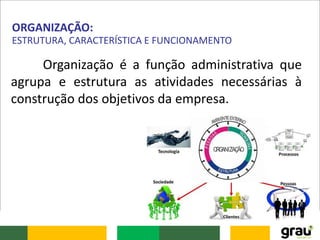 Organização é a função administrativa que
agrupa e estrutura as atividades necessárias à
construção dos objetivos da empresa.
ORGANIZAÇÃO:
ESTRUTURA, CARACTERÍSTICA E FUNCIONAMENTO
 