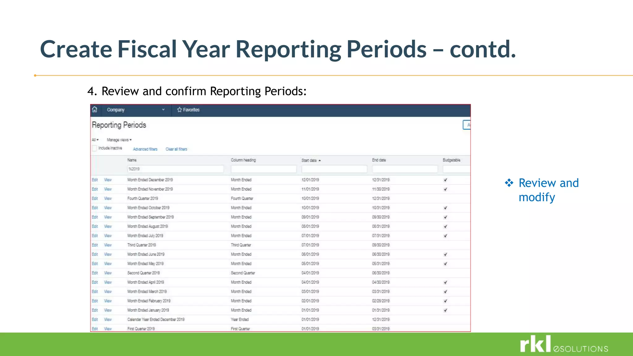 Create Fiscal Year Reporting Periods – contd.
4. Review and confirm Reporting Periods:
 Review and
modify
 