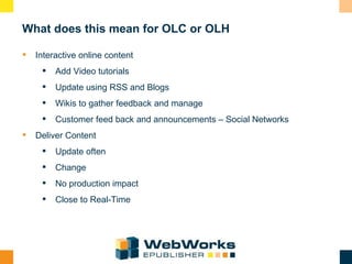 What does this mean for OLC or OLH <ul><li>Interactive online content </li></ul><ul><ul><li>Add Video tutorials </li></ul>...