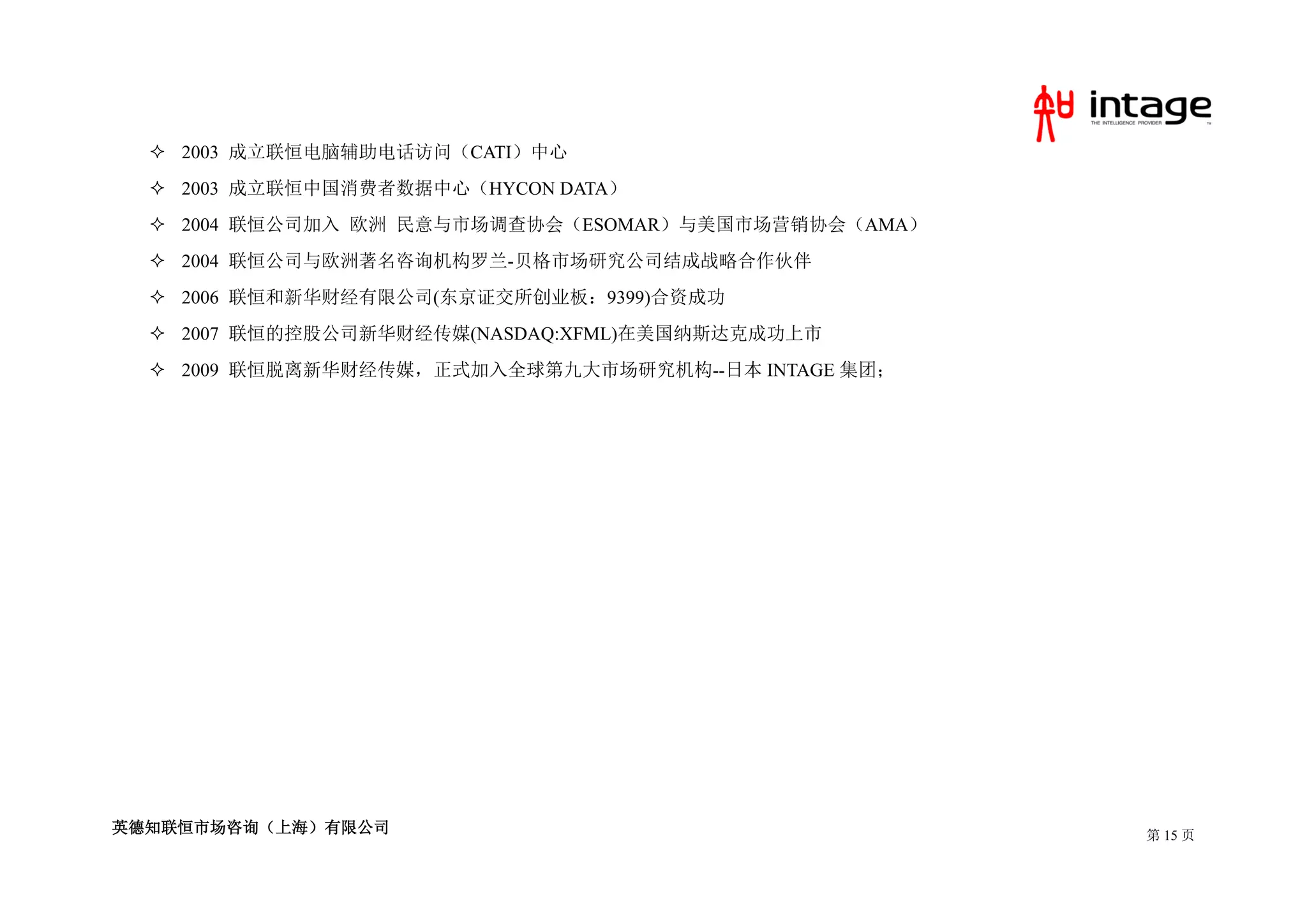  2003 成立联恒电脑辅助电话访问（CATI）中心
   2003 成立联恒中国消费者数据中心（HYCON DATA）
   2004 联恒公司加入 欧洲 民意与市场调查协会（ESOMAR）与美国市场营销协会（AMA）
   2004 联恒公司与欧洲著名咨询机构罗兰-贝格市场研究公司结成战略合作伙伴
   2006 联恒和新华财经有限公司(东京证交所创业板：9399)合资成功
   2007 联恒的控股公司新华财经传媒(NASDAQ:XFML)在美国纳斯达克成功上市
   2009 联恒脱离新华财经传媒，正式加入全球第九大市场研究机构--日本 INTAGE 集团；




英德知联恒市场咨询（上海）有限公司                                    第 15 页
 