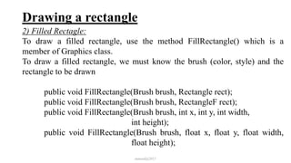 Drawing a rectangle
2) Filled Rectagle:
To draw a filled rectangle, use the method FillRectangle() which is a
member of Graphics class.
To draw a filled rectangle, we must know the brush (color, style) and the
rectangle to be drawn
public void FillRectangle(Brush brush, Rectangle rect);
public void FillRectangle(Brush brush, RectangleF rect);
public void FillRectangle(Brush brush, int x, int y, int width,
int height);
public void FillRectangle(Brush brush, float x, float y, float width,
float height);
mmouf@2017
 