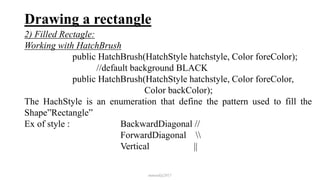 Drawing a rectangle
2) Filled Rectagle:
Working with HatchBrush
public HatchBrush(HatchStyle hatchstyle, Color foreColor);
//default background BLACK
public HatchBrush(HatchStyle hatchstyle, Color foreColor,
Color backColor);
The HachStyle is an enumeration that define the pattern used to fill the
Shape”Rectangle”
Ex of style : BackwardDiagonal //
ForwardDiagonal 
Vertical ||
mmouf@2017
 