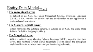 Entity Data Model(Cont.)
• The conceptual Layer:
Is defined in an XML file using Conceptual Schema Definition Language
(CSDL). CSDL defines the entities and the relationships as the application’s
business layer knows them.
• The Storage (logical) Layer:
Which represents the database schema, is defined in an XML file using Store
Schema Definition Language (SSDL)
• The Mapping Layer:
Which is defined using Mapping Schema Language (MSL), maps the other two
layers. This mapping is what allows developers to code against the conceptual
model and have those instructions mapped into the logical model.
mmouf@2017
 