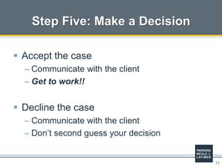 11
 Accept the case
– Communicate with the client
– Get to work!!
 Decline the case
– Communicate with the client
– Don’t second guess your decision
Step Five: Make a Decision
 