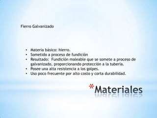 Fierro Galvanizado




  • Materia básico: hierro.
  • Sometido a proceso de fundición
  • Resultado: Fundición maleable que se somete a proceso de
    galvanizado, proporcionando protección a la tubería.
  • Posee una alta resistencia a los golpes.
  • Uso poco frecuente por alto costo y corta durabilidad.



                                   *
 
