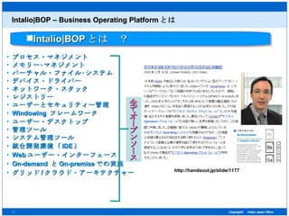Intalio|BOP – Business Operating Platform とは プロセス・マネジメント メモリー･マネジメント バーチャル・ファイル･システム  デバイス・ドライバー  ネットワーク・スタック  レジストリー  ユーザーとセキュリティー管理  Windowing  フレームワーク  ユーザー・デスクトップ  管理ツール  システム管理ツール   統合開発環境（ IDE ）   Web ユーザー・インターフェース   On-demand  と On-premise での実装 グリッド / クラウド・アーキテクチャー 全てオープンソース Intalio|BOP とは　？ http://handsout.jp/slide/1177 