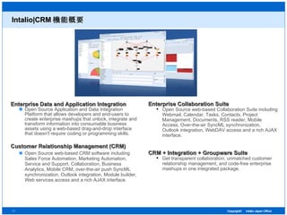 Intalio|CRM 機能概要 Enterprise Data and Application Integration Open Source Application and Data Integration Platform that allows developers and end-users to create enterprise mashups that unlock, integrate and transform information into consumable business assets using a web-based drag-and-drop interface that doesn't require coding or programming skills. Customer Relationship Management (CRM) Open Source web-based CRM software including Sales Force Automation, Marketing Automation, Service and Support, Collaboration, Business Analytics, Mobile CRM, over-the-air push SyncML synchronization, Outlook integration, Module builder, Web services access and a rich AJAX interface. Enterprise Collaboration Suite Open Source web-based Collaboration Suite including Webmail, Calendar, Tasks, Contacts, Project Management, Documents, RSS reader, Mobile Access, Over-the-air SyncML synchronization, Outlook integration, WebDAV access and a rich AJAX interface. CRM + Integration + Groupware Suite Get transparent collaboration, unmatched customer relationship management, and code-free enterprise mashups in one integrated package. 