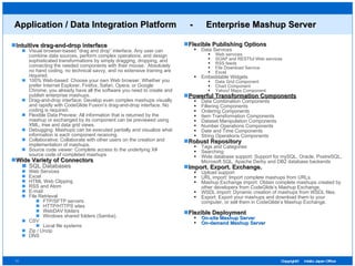 Application / Data Integration Platform 　 - 　 E nterprise  M ashup  S erver Intuitive drag-and-drop interface Visual browser-based “drag and drop” interface. Any user can combine data sources, perform complex operations, and design sophisticated transformations by simply dragging, dropping, and connecting the needed components with their mouse.  Absolutely no hand coding, no technical savvy, and no extensive training are required. 100% Web-based: Choose your own Web browser. Whether you prefer Internet Explorer, Firefox, Safari, Opera, or Google Chrome, you already have all the software you need to create and publish enterprise mashups. Drag-and-drop interface: Develop even complex mashups visually and rapidly with CodeGlide Fusion’s drag-and-drop interface. No coding is required. Flexible Data Preview: All information that is returned by the mashup or exchanged by its component can be previewed using XML, tree and data grid views. Debugging: Mashups can be executed partially and visualize what information is each component receiving. Collaborative: Collaborate with other users on the creation and implementation of mashups. Source code viewer: Complete access to the underlying X# source code of completed mashups Wide Variety of Connectors   SQL Databases Web Services Excel HTML Web Clipping RSS and Atom E-mail File Retrieval FTP/SFTP servers HTTP/HTTPS sites WebDAV folders Windows shared folders (Samba). CSV Local file systems Zip / Unzip DNS Flexible Publishing Options Data Services Web services SOAP and RESTful Web services  RSS feeds File Download Service Excel Embeddable Widgets Data Grid Component Chart Component Yahoo! Maps Component Powerful Transformation Components Data Combination Components Filtering Components Ordering Components Item Transformation Components Dataset Manipulation Components Number Operations Components Date and Time Components String Operations Components Robust Repository Tags and Categories Searching:  Wide database support: Support for mySQL, Oracle, PostreSQL, Microsoft SQL, Apache Derby and DB2 database backends Import. Export. Exchange. Upload support URL import: Import complete mashups from URLs. Mashup Exchange import: Obtain complete mashups created by other developers from CodeGlide’s Mashup Exchange. WSDL import: Dynamic creation of mashups from WSDL files. Export: Export your mashups and download them to your computer, or sell them in CodeGlide’s Mashup Exchange. Flexible Deployment On-site Mashup Server On-demand Mashup Server 