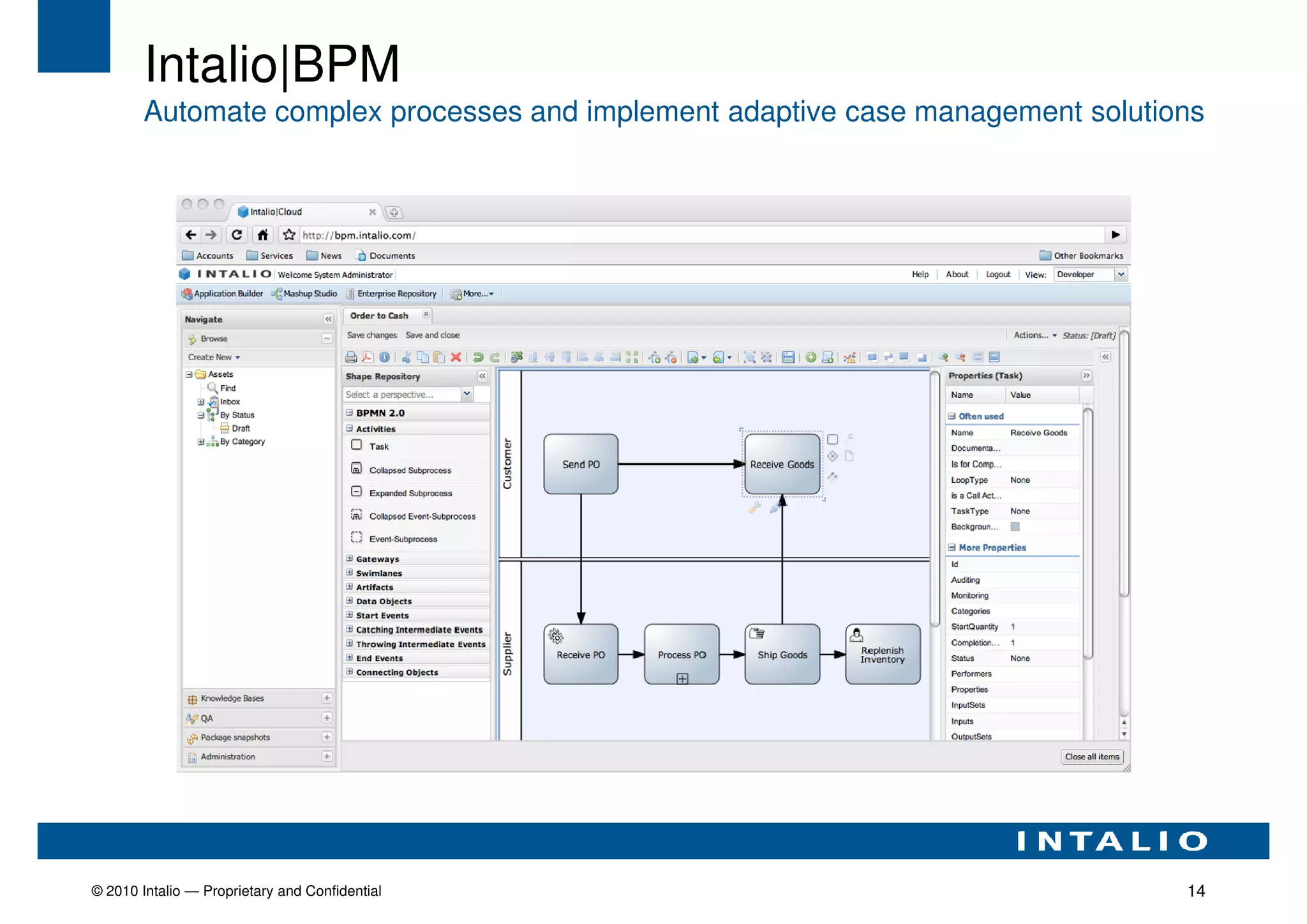 Intalio|BPM
        Automate complex processes and implement adaptive case management solutions




© 2010 Intalio — Proprietary and Confidential                                    14
 