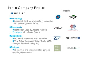 Intalio Company Profile
                                                    Investors



  Technology
     Integrated stack for private cloud computing
   (250+ person-years of R&D).
  Community
    Technology used by Apache Hadoop,
   Eucalyptus,
   Eucalyptus Google AppEngine.
  Customers
     650 BPMS customers in 53 countries
     50 M Active Deployment site of Jetty WAS
   (Google, Facebook, eBay etc)
  Partners
     70 resellers and implementation partners
   covering 45 countries.
 