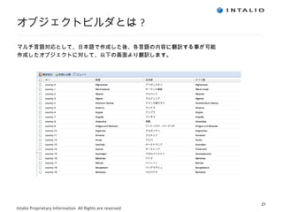 オブジェクトビルダとは ? マルチ言語対応として、日本語で作成した後、各言語の内容に翻訳する事が可能 作成したオブジェクトに対して、以下の画面より翻訳します。 