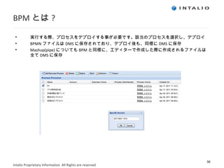 BPM とは ? 実行する際、プロセスをデプロイする事が必要です。該当のプロセスを選択し、デプロイ BPMN ファイルは DMS に保存されており、デプロイ後も、同様に DMS に保存 Mashup(pipe) についても BPM と同様に、エディターで作成した際に作成されるファイルは全て DMS に保存 