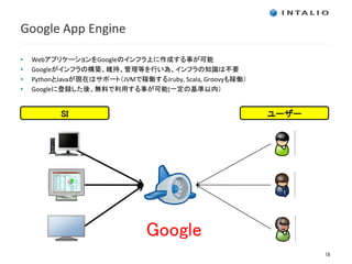 Google App Engine

•   WebアプリケーションをGoogleのインフラ上に作成する事が可能
•   Googleがインフラの構築、維持、管理等を行い為、インフラの知識は不要
•   PythonとJavaが現在はサポート（JVMで稼働するJruby, Scala, Groovyも稼働）
•   Googleに登録した後、無料で利用する事が可能(一定の基準以内）


           SI                                              ユーザー




                               Google
                                                                  18
 