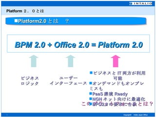 Platform ２．０とは BPM 2.0 + Office 2.0 = Platform 2.0 Platform2.0 とは　？ ビジネス ロジック ユーザー インターフェース このプラットフォームとは？ ビジネスと IT 両方が利用可能 オンデマンドもオンプレミスも PaaS 環境 Ready NGN ネット向けに最適化 BPO2.0 の要求に合致 