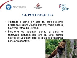 CE POTI FACE TU?
• Vizitează o zonă din ţara ta, protejată prin
programul Natura 2000 şi află mai multe despre
biodiversitatea din Europa.
• Înscrie-te ca voluntar, pentru a ajuta o
rezervaţie naturală din ţara ta. Este mereu
nevoie de voluntari care să ajute la protejarea
zonelor respective.
 