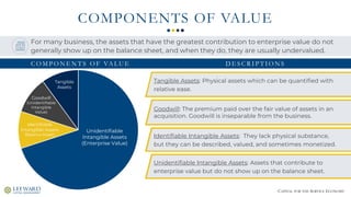 CAPITAL FOR THE SERVICE ECONOMY
COMPONENTS OF VALUE
For many business, the assets that have the greatest contribution to enterprise value do not
generally show up on the balance sheet, and when they do, they are usually undervalued.
Goodwill
(Unidentifiable
Intangible
Value)
Tangible
Assets
Identifiable
Intangible Assets
(Balance Sheet)
Unidentifiable
Intangible Assets
(Enterprise Value)
C O M P O N E N T S O F VA L U E D E S C R I P T I O N S
Tangible Assets: Physical assets which can be quantified with
relative ease.
Goodwill: The premium paid over the fair value of assets in an
acquisition. Goodwill is inseparable from the business.
Identifiable Intangible Assets: They lack physical substance,
but they can be described, valued, and sometimes monetized.
Unidentifiable Intangible Assets: Assets that contribute to
enterprise value but do not show up on the balance sheet.
 