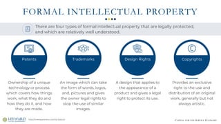 CAPITAL FOR THE SERVICE ECONOMY
FORMAL INTELLECTUAL PROPERTY
Patents Trademarks CopyrightsDesign Rights
Ownership of a unique
technology or process
which covers how things
work, what they do and
how they do it, and how
they are made.
An image which can take
the form of words, logos,
and, pictures and gives
the owner legal rights to
stop the use of similar
images.
A design that applies to
the appearance of a
product and gives a legal
right to protect its use.
Provides an exclusive
right to the use and
distribution of an original
work, generally but not
always artistic.
There are four types of formal intellectual property that are legally protected,
and which are relatively well understood.
http://metispartners.com/ip-basics/
 