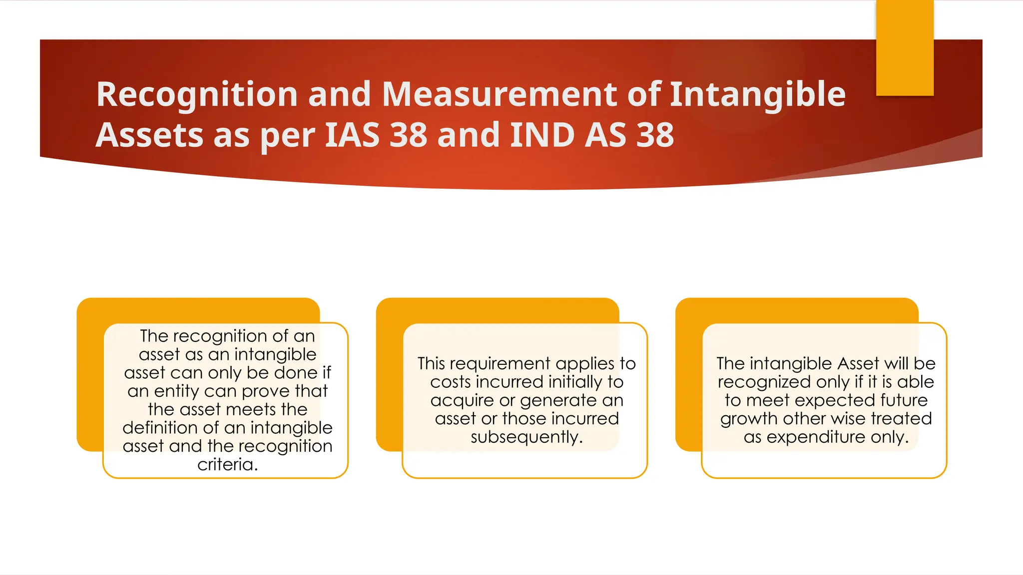 Recognition and Measurement of Intangible
Assets as per IAS 38 and IND AS 38
The recognition of an
asset as an intangible
asset can only be done if
an entity can prove that
the asset meets the
definition of an intangible
asset and the recognition
criteria.
This requirement applies to
costs incurred initially to
acquire or generate an
asset or those incurred
subsequently.
The intangible Asset will be
recognized only if it is able
to meet expected future
growth other wise treated
as expenditure only.
 
