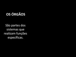 São partes dos
sistemas que
realizam funções
específicas.
OS ÓRGÃOS
 