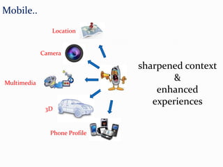 Mobile..  Location Camera sharpened context  & enhanced experiences Multimedia 3D Phone Profile 