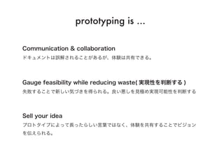 prototyping is ...
Communication & collaboration
ドキュメントは誤解されることがあるが、体験は共有できる。
Gauge feasibility while reducing waste( 実現性を...