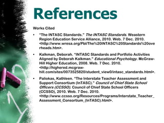 ReferencesWorks Cited “The INTASC Standards.” The INTASC Standards. Weastern Region Education Service Alliance, 2010. Web. 7 Dec. 2010. <http://www.wresa.org/‌Pbl/‌The%20INTASC%20Standards%20overheads.htm>.Kalkman, Deborah. “INTASC Standards and Portfolio Activities Aligned by Deborah Kalkman.” Educational Psychology. McGraw-Hill Higher Education, 2008. Web. 7 Dec. 2010. <http://highered.mcgraw-hill.com/‌sites/‌0073525820/‌student_view0/‌intasc_standards.html>.Paliokas, Kathleen. “The Interstate Teacher Assessment and Support Consortium (InTASC).” Council of Chief State School Officers (CCSSO). Council of Chief State School Officers (CCSSO), 2010. Web. 7 Dec. 2010. <http://www.ccsso.org/‌Resources/‌Programs/‌Interstate_Teacher_Assessment_Consortium_(InTASC).html>.