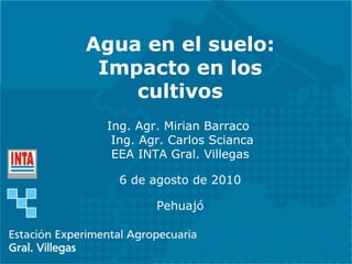 Agua en el suelo: Impacto en los cultivos Ing. Agr. Mirian Barraco  Ing. Agr. Carlos Scianca EEA INTA Gral. Villegas 6 de agosto de 2010 Pehuajó 